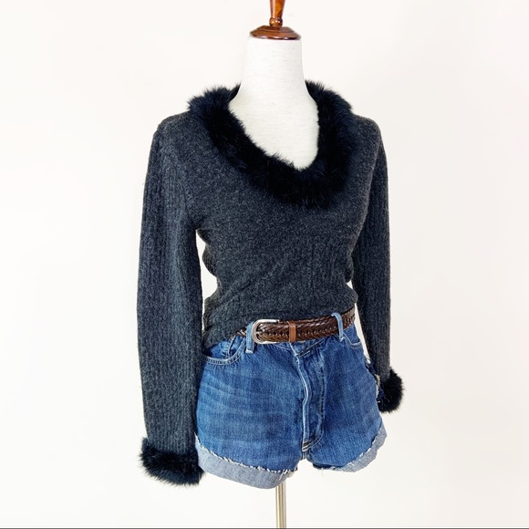 CABO Y2K Style Black Wool Fur Trim Sweater SM - Picture 1 of 6